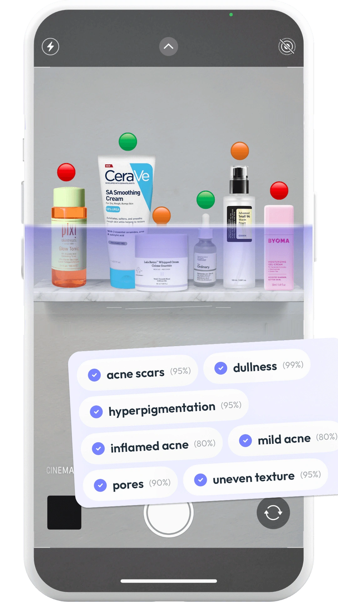 Skin Bliss shelf scanner checking a whole shelf of skincare products at once, with a rating dot on each product
