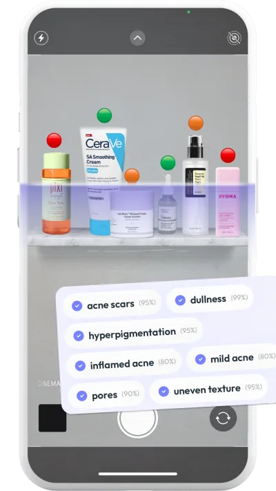 Skin Bliss shelf scanner checking a whole shelf of skincare products at once, with a rating dot on each product