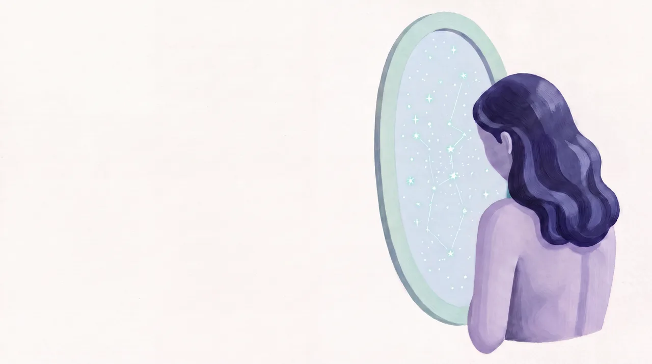 A painted woman looking into a mirror filled with stars